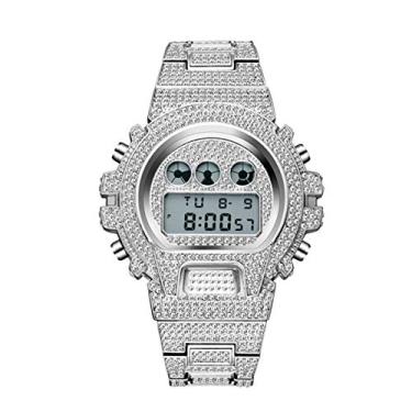 Imagem de ICEDIAMOND 45mm Iced Out Lab Relógio de Pulso Diamante, Mostrador Digital LED Multifuncional com Data Calendário Semanal e Tempo para Homens Mulheres (White)