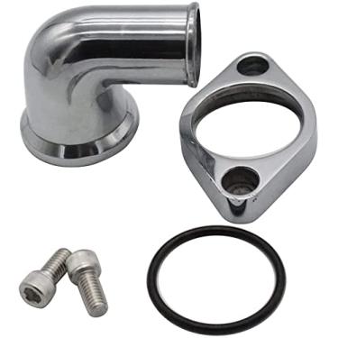 Imagem de SHLPDFM 1 conjunto de aço cromado Chevy Water Neck 90° giratório de alumínio polido caixa de termostato para pescoço de água compatível com motores SBC BBC CHEVY 327 350 396 454