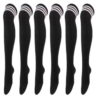 Imagem de 6 pares de meias altas listradas acima do joelho meias longas para mulheres polainas para uso diário cosplay, Pacote com 6, preto, tamanho �nico