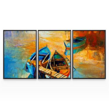 Imagem de Quadro Paisagem Canoas No Porto Decorativo Mosaico 3 Telas Em Canvas C