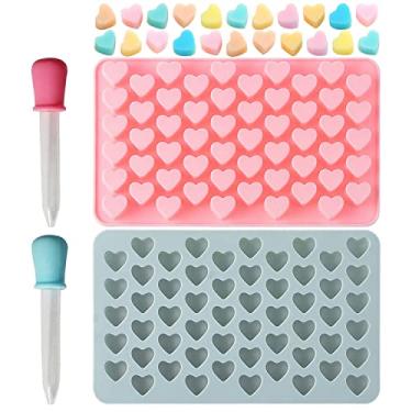 Imagem de Mini moldes de goma de silicone em forma de coração da Verdental, pacote com 2 moldes de bolo de silicone para assar 110 cavidades moldes de gelo com 2 conta-gotas (azul e rosa)