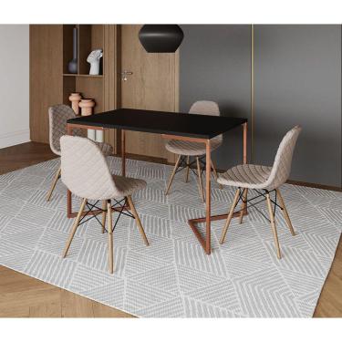 Imagem de Mesa Jantar Industrial Retangular Preta 120x75 Base V Cobre com 4 Cadeiras Estofadas Nude Claro Made