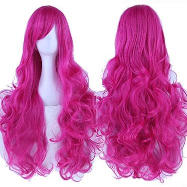 Imagem de IMISSU Peruca cosplay de cabelo natural cacheado longo com franjas coloridas fantasia de Halloween perucas de festa (Rosa)
