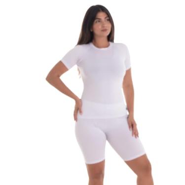 Imagem de Conjunto Feminino Camiseta Curta e Bermuda Térmica Segunda Pele Trygg Proteção UV50 Fitness Academia (GG, Branco - Branco)