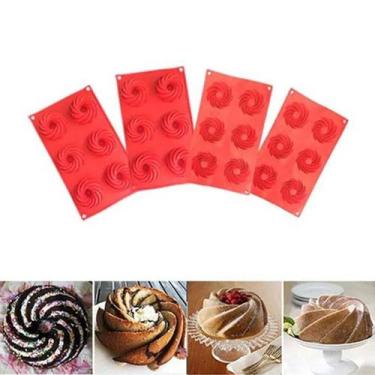 Imagem de Forma  Mini Bolo Cupcake Espiral Silicone Vermelha 6 Cavidades Kit Com