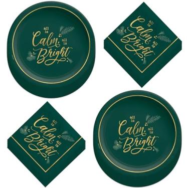 Imagem de Pratos de jantar e guardanapos de almoço de papel grandes para festa de Natal Calm & Bright em verde moderno e dourado (serve 16)
