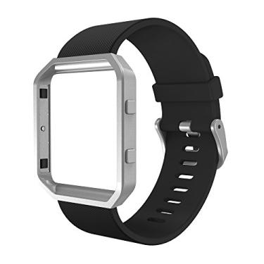 Imagem de Simpeak Pulseira esportiva compatível com Fitbit Blaze Smartwatch Sport Fitness, pulseira de silicone com moldura Meatl de substituição para Fitbit Blaze masculino e feminino, grande, pulseira preta +