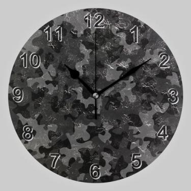 Imagem de CHIFIGNO Relógios de parede redondos camuflados cinza preto, operado por bateria, relógio de parede redondo de 25 cm, relógios de sala de estar, decorativos de parede