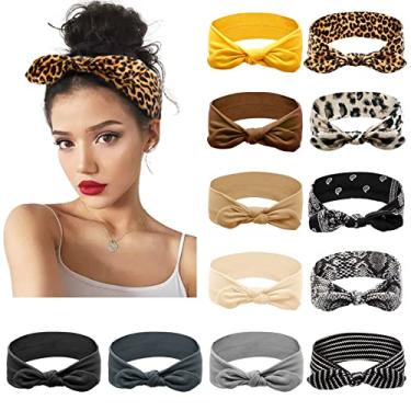 Imagem de Huachi Pacote com 12 tiaras de arco para mulheres, faixa de cabelo elástica com nó, orelhas de coelho, turbante, moda esportiva, acessórios de cabelo bonitos