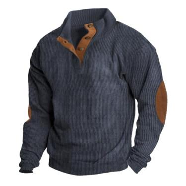 Imagem de JMMSlmax Suéter masculino casual elegante outono vintage remendo cotovelo veludo cotelê jaqueta camisa Henley camisas ocidentais, A1 - azul, P