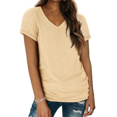 Imagem de ATHMILE Camisetas de manga curta com gola V para mulheres, blusas modernas, macias, casuais, roupas de verão 2024, Creme, XXG