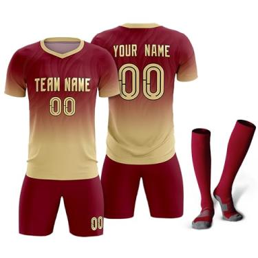 Imagem de Camisetas de futebol personalizadas com logotipo de número de nome masculino feminino infantil camisas de futebol personalizadas uniformes de equipe camiseta juvenil, Crimson/cáqui/gradiente 11, One