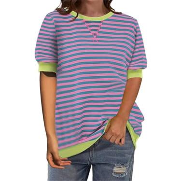 Imagem de EUBUY Camiseta feminina listrada gola redonda casual tendência camiseta verão pulôver manga curta, Roxo claro, P