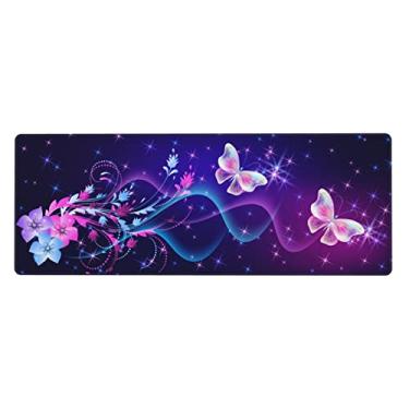 Imagem de Linda borboleta roxa rosa extra grande teclado laptop mouse pad lindo tapete de mesa com flores para mulheres meninas desktop, 31,5 x 11,8 polegadas almofada de mesa estendida com bordas costuradas e