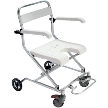 Imagem de Banco de banho para cadeira de rodas dobrável com rodas para idosos e deficientes, banco de banho com braços rebatíveis e encosto ergonômico - Cadeira de rodas + cadeira de banho dois em um