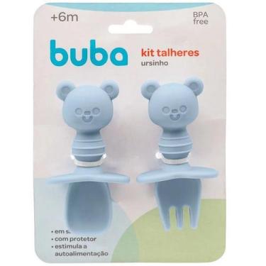 Imagem de Kit Talheres Infantil Ursinho de Silicone Buba, Azul