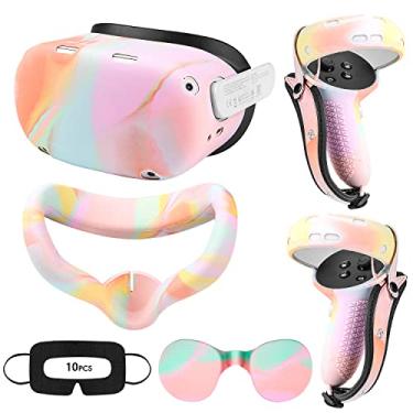 Imagem de Relohas VR Accessories for Oculus Quest 2, Silicone Set for Meta Quest 2, Include Controller Grip Leather Cover, VR Shell Cover, Face Cover, Lens Cover and 10PCS Disposable Eye Cover (Macaron)