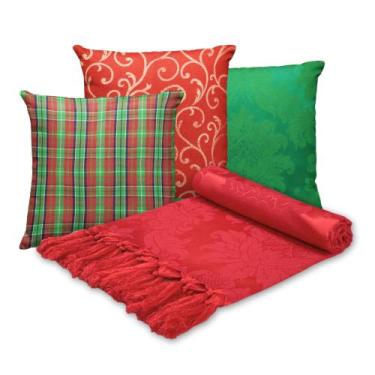 Imagem de Kit Manta Xale de Sofá com 3 Capas de Almofadas Decorativa de Natal Na