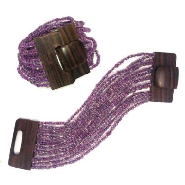 Imagem de Pulseira Bali roxa translúcida elástica de 14 fios com fecho de fivela de madeira dura - 5 cm de largura, 8 inches, Vidro