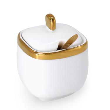 Imagem de NAXIHOPT Açucareiro com tampa e colher, recipientes de açúcar de cerâmica de 293 ml para bancada, tigela de sal e temperos para cozinha, prato de açúcar coberto, acessórios de barra de café, branco