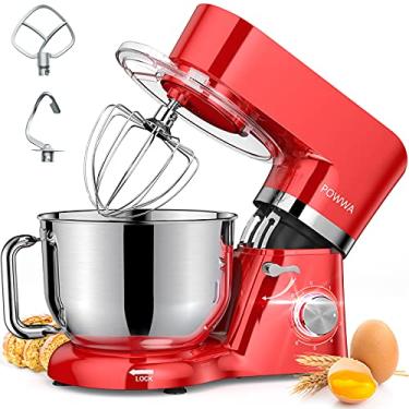 Imagem de Stand Mixer, POWWA 7.5 QT Electric Mixer, 6+P Speed 660W Household Tilt-Head Kitchen Food Mixers with Whisk, Dough Hook, Mixing Beater & Splash Guard for Baking, Cake, Cookie, Kneading, ETL Certified (Red-with Handle)