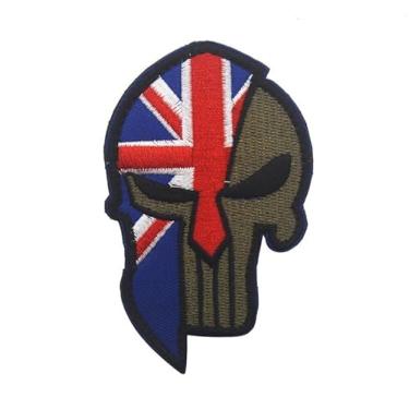 Imagem de Aspcsmomt Emblemas de caveira da bandeira da Grã-Bretanha, bordado moral tático da Inglaterra Punisher Patch gancho e fecho de laço costurar na mochila jaqueta boné uniforme casaco chapéu