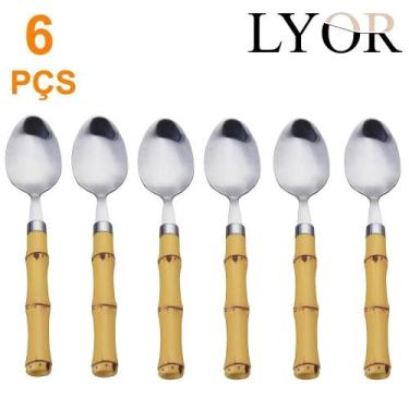 Imagem de 6 Colher Sobremesa cabo Plástico Bambu Aço Inox Buffet Bar - Lyor