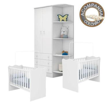 Imagem de Quarto de Bebê Gemeos Berço Colchão Nana e Guarda Roupa Doce Sonho Bra
