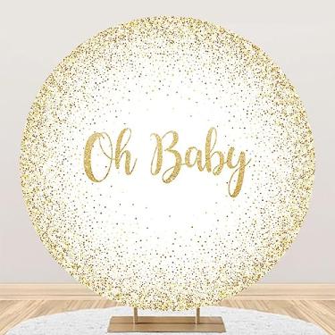 Imagem de YongFoto Oh Capa de fundo redonda para chá de bebê, 2,1 m, ouro branco, glitter, fundo fotográfico, bem-vindo, novo, bebê está a caminho, revelação de gênero, festa, bolo, bandeira, retratos e sessão
