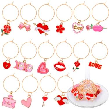 Imagem de AIERSA Pingentes de taça de vinho para taças de haste, 16 peças de marcadores de bebida dos namorados, pingentes de vinho engraçados, etiquetas identificadoras de taça de vinho com anéis dourados para