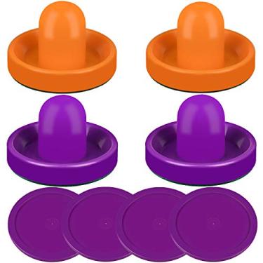 Imagem de ONE250 Air Hockey Pushers and Red Air Hockey Pucks, Goal Handles Paddles Acessórios de Substituição para Tabelas de Jogo (4 Striker, 4 Puck Pack), Orange & Purple