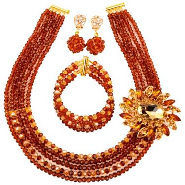 Imagem de Conjunto de joias com miçangas nigerianas aczuv 5 fileiras, colar e brincos de cristal com contas de casamento africanas 18 inches first layer