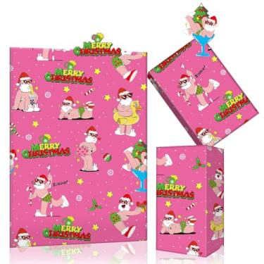 Imagem de Biquíni engraçado praia bêbado dança bravo papai noel sujo com bumbum levantado Hey Babe Feliz Natal rosa choque papel de embrulho 4 folhas 50,8 x 71,1 cm por folha, embrulho de presente dobrado para