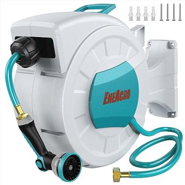 Imagem de ENEACRO Carretel de mangueira de jardim retrátil com suporte de parede 1/5.1 cm × 100 pés com bocal de mangueira de 10 padrões, conector de latão, rebobinamento automático/trava de qualquer