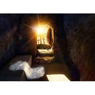 Imagem de BELECO Tecido de 2,4 x 1,8 m de pano de fundo da tumba de Páscoa, ressurreição de Jesus, túmulo vazio com mortalha, luz sagrada, três cruzes, fundo de crucificação, igreja religiosa cristã, sessão de