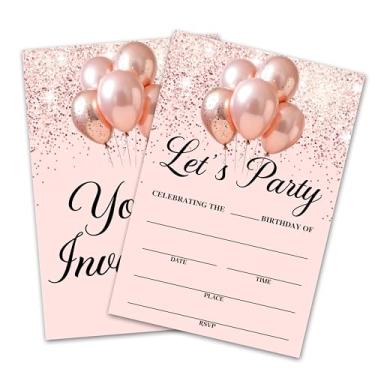 Imagem de Convites de aniversário Let's Party - 20 conjuntos de convites de festa de aniversário com envelopes - Glitter rosa e balão dupla face impressão preencher estilo convites para meninos e meninas -