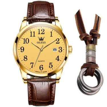 Imagem de Kit Relógio Analógico Dourado Masculino Olevs + Colar Argola