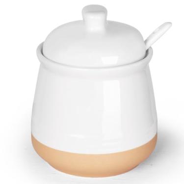 Imagem de LEETOYI Açucareiro com tampa e colher, pote de açúcar de cerâmica de 350 ml, recipiente de açúcar para café, tigela dispensador de açúcar, seguro para micro-ondas e lava-louças, branco