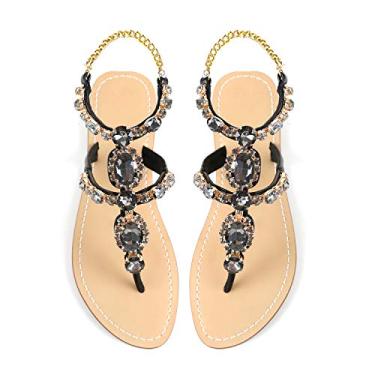 Imagem de Sandália feminina gladiadora de strass ZhuLinFeng Pingtan Sandália de casamento pérola brilhante madrinha sandália azul boêmia, Preto, 6.5