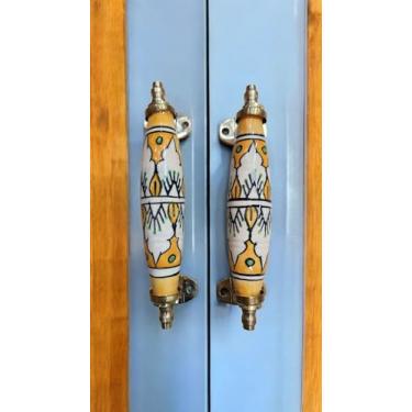 Imagem de JGARTS Conjunto de 2 puxadores de cerâmica puxadores de porta pintados armário de cozinha gaveta guarda-roupa puxadores de porcelana padrão mostarda amarelo e branco design 04