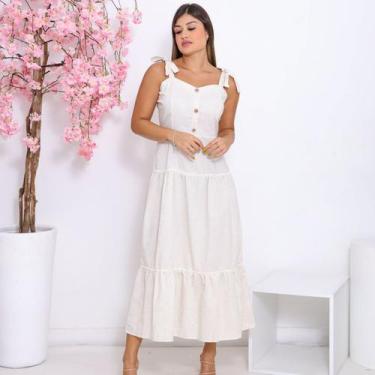 Imagem de Vestido Feminino Linho com Botões e Alça com Amarração Tendência Casua
