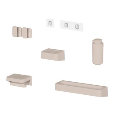 Imagem de Kit Banheiro 6 Peças Saboneteira + Porta Papel Higiênico + Porta Shampoo + Dispenser Shampoo + 2 Ganchos + Adesivos Bege Ou