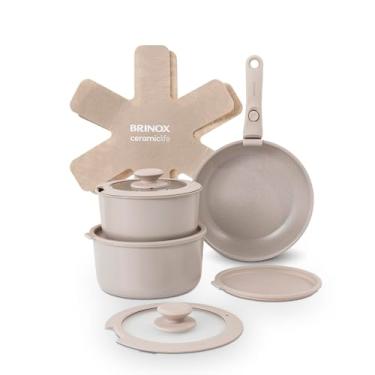 Imagem de Brinox - Jogo de Panelas Antiaderente Ceramic Life 10 Peças Cabo Removível Fit - Areia