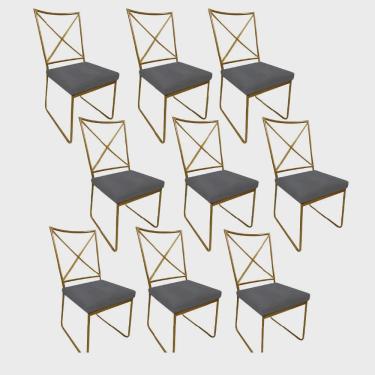 Imagem de Kit 09 Cadeiras Sala de Jantar Escritório Office Clark Industrial Ferro Dourado Sintético Bege - Ahz Móveis