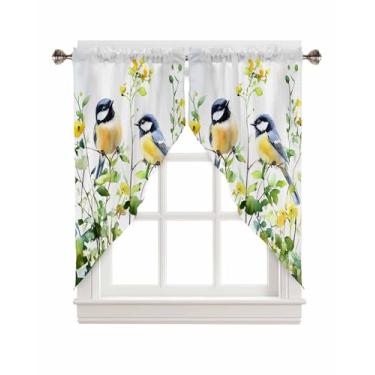 Imagem de Cortinas Swag, ramo de pássaro, flores amarelas, cortinas de cozinha, camadas para janela pequena, quarto, banheiro, varão, bolso, 2 painéis, 71 cm x 91 cm, folha verde verão primavera