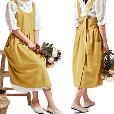 Imagem de Avental de algodão e linho cruzado nas costas para mulheres com bolsos, lindo vestido pinafore estilo coreano japonês para cozinhar pintura de cozinha, jardinagem, limpeza, amarelo brilhante sem laços de cintura