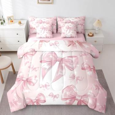 Imagem de Erosebridal Jogo de cama solteiro infantil com laço kawaii rosa para decoração de quarto de princesa, com estampa de laço fofo em uma bolsa, conjunto de lençol com edredom