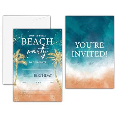 Imagem de KFNER Convites de aniversário de praia, cartão de convite de festa de aniversário de verão na praia para adultos, lembrancinhas de festa de aniversário na piscina e suprimentos de celebração (conjunto
