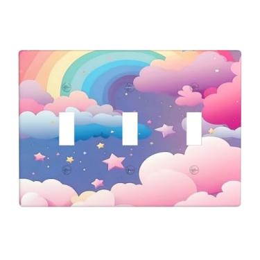 Imagem de wyehjut Rainbow Pink Clouds Stars 3 Gang Triple Toggle Light Switch Cover Decorativo Lindas Placas de Parede Placa Elétrica Interruptor de Luz Placa Frontal para Quarto Infantil Berçário