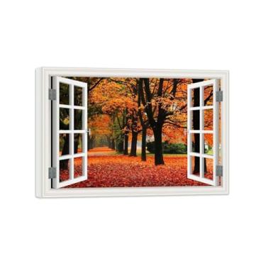Imagem de Vista da Janela Paisagem Pintura em Tela-Árvore floresta outono-Impressão Lona Arte Parede Natural-Decoração Sala Estar 50x70cm Tela Embrulhada